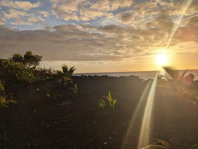 Hawaiian volcanic coastline at sunset